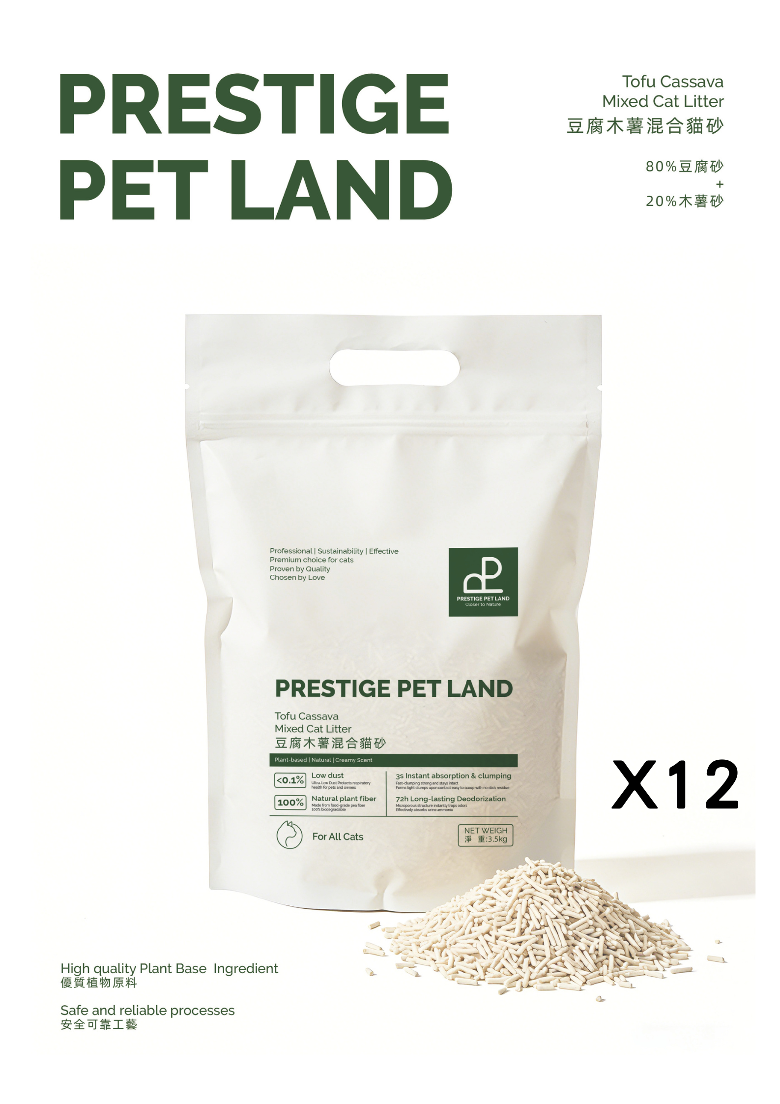 Prestige Pet Land PPL 第三代皇牌天然豆腐木薯低敏貓砂 3.5kg X 12包